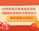 30天疯卖文案速成变现营，0基础玩透爆卖文案捞金术！每月增收20000+-优品网赚资源库