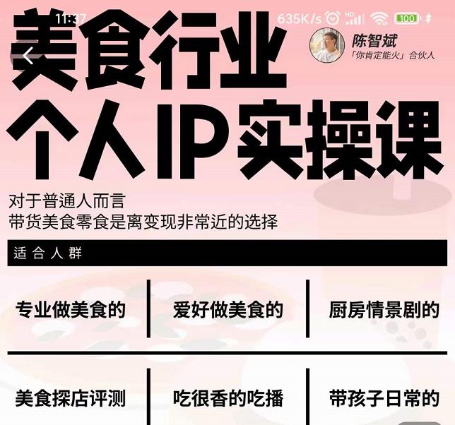 美食行业个人IP实操课，对于普通人而言，带货美食零食是离变现非常近的选择-优品网赚资源库