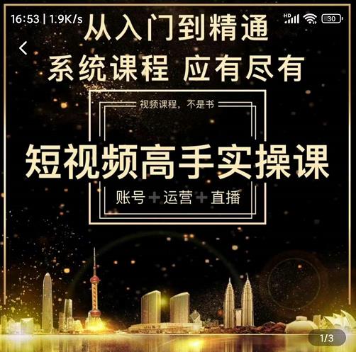 短视频高手实操课：账号+运营+直播，从入门到精通，系统课程，应有尽有-优品网赚资源库
