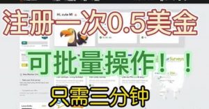 国外项目注册一次0.5美金，只需三分钟无脑操作，可批量同时放大操作，小白工作室福利【揭秘】-优品网赚资源库
