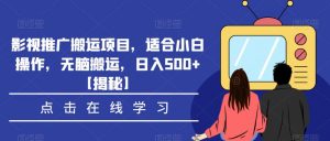 影视推广搬运项目，适合小白操作，无脑搬运，日入500+【揭秘】-优品网赚资源库
