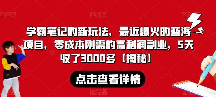 学霸笔记的新玩法，最近爆火的蓝海项目，零成本刚需的高利润副业，5天收了3000多【揭秘】-优品网赚资源库