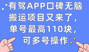 有驾APP口碑无脑搬运项目又来了，单号最高110块，可多号操作-优品网赚资源库
