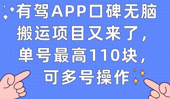 有驾APP口碑无脑搬运项目又来了，单号最高110块，可多号操作-优品网赚资源库