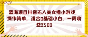 蓝海项目抖音无人美女播小游戏，操作简单，适合0基础小白，一周收益2500【揭秘】-优品网赚资源库