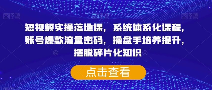 短视频实操落地课，系统体系化课程，账号爆款流量密码，操盘手培养提升，摆脱碎片化知识-优品网赚资源库