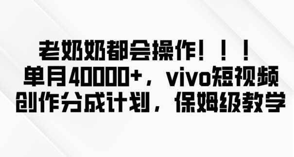 老奶奶都会操作，新平台无脑操作，单月40000+，vivo短视频创作分成计划【揭秘】-优品网赚资源库