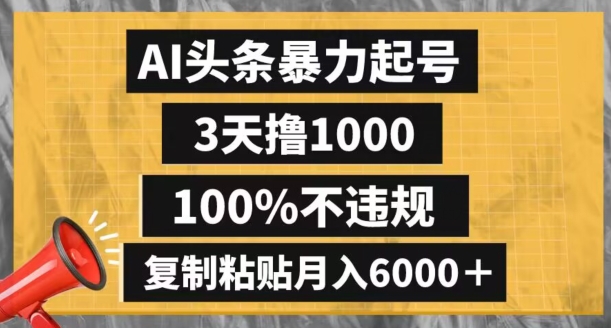 AI头条暴力起号，3天撸1000,100%不违规，复制粘贴月入6000＋【揭秘】-优品网赚资源库