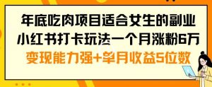 年底吃肉项目适合女生的副业小红书打卡玩法一个月涨粉6万+变现能力强+单月收益5位数【揭秘】-优品网赚资源库