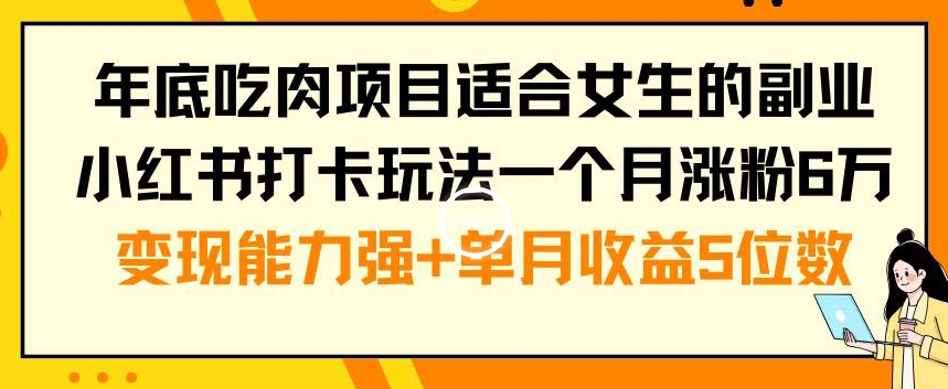 年底吃肉项目适合女生的副业小红书打卡玩法一个月涨粉6万+变现能力强+单月收益5位数【揭秘】-优品网赚资源库