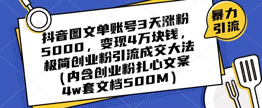 抖音图文单账号3天涨粉5000,变现4万块钱,极简创业粉引流成交大法-优品网赚资源库