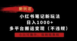 小红书笔记新玩法，日入1000+，多平台搬运变现（不违规），小白可操作，保姆级教程【揭秘】-优品网赚资源库