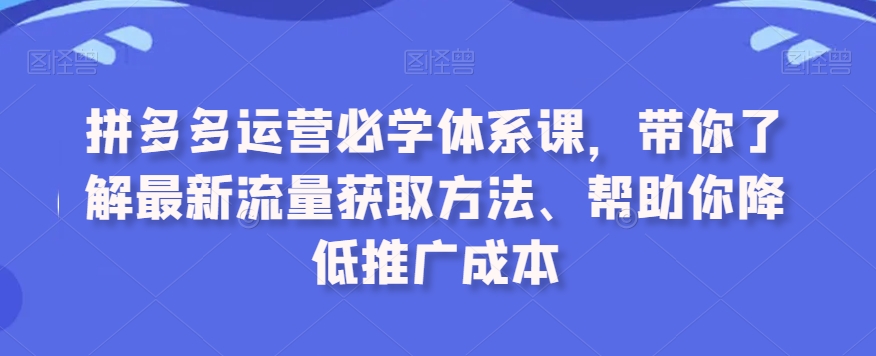 拼多多运营必学体系课，带你了解最新流量获取方法、帮助你降低推广成本-优品网赚资源库