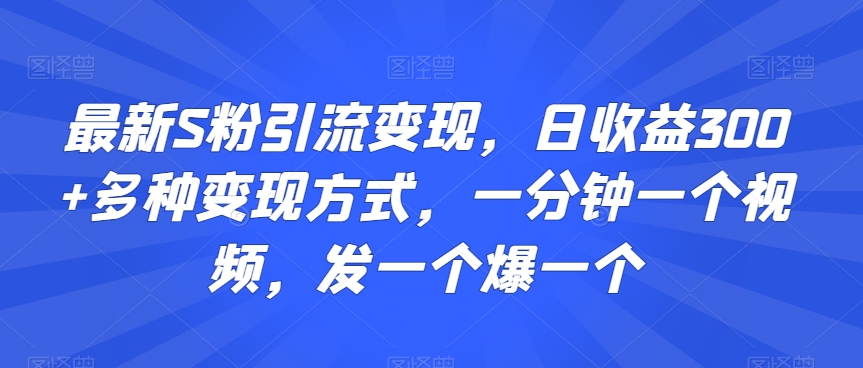 最新S粉引流变现，日收益300+多种变现方式，一分钟一个视频，发一个爆一个【揭秘】-优品网赚资源库