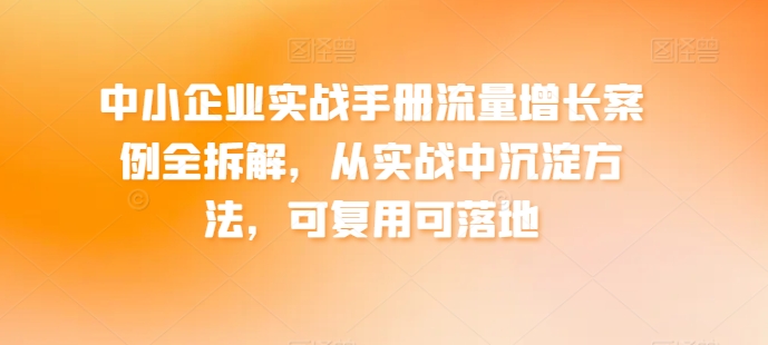 中小企业实战手册流量增长案例全拆解，从实战中沉淀方法，可复用可落地-优品网赚资源库