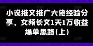 小说推文推广大佬经验分享，女频长文1天1万收益爆单思路(上)-优品网赚资源库