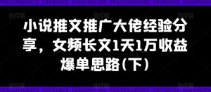 小说推文推广大佬经验分享，女频长文1天1万收益爆单思路(下)-优品网赚资源库