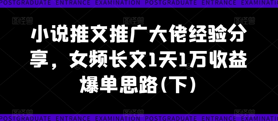 小说推文推广大佬经验分享，女频长文1天1万收益爆单思路(下)-优品网赚资源库