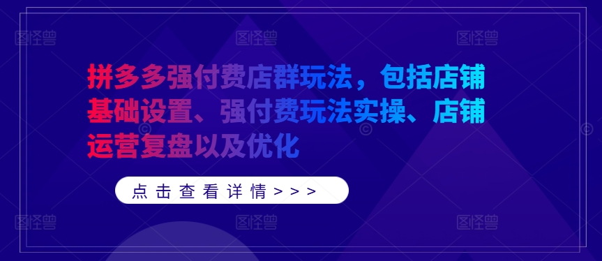 拼多多强付费店群玩法,包括店铺基础设置、强付费玩法实操、店铺运营复盘以及优化-优品网赚资源库