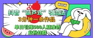 抖音葫芦式引流法，三分钟一条作品，单日引爆抖音500人精准创业粉丝群【揭秘】-优品网赚资源库