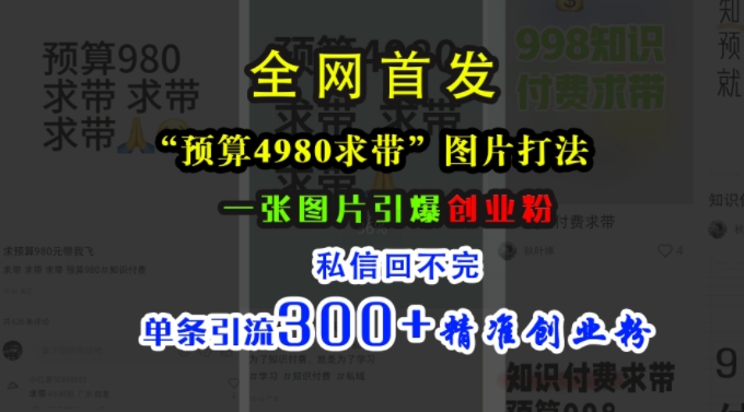 小红书“预算4980带我飞”图片打法,一张图片引爆创业粉,私信回不完,单条引流300+精准创业粉-优品网赚资源库