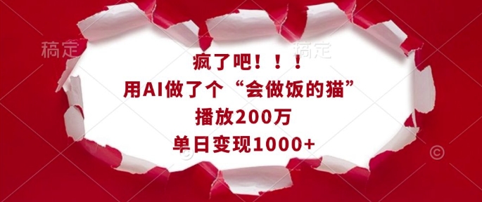 疯了吧!用AI做了个“会做饭的猫”,播放200万,单日变现1k-优品网赚资源库