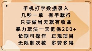 手机打字数据录入，几秒一单，有手就行，只要做当天就有收益，暴力玩法一天低保2张-优品网赚资源库