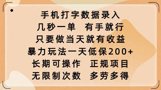 手机打字数据录入，几秒一单，有手就行，只要做当天就有收益，暴力玩法一天低保2张-优品网赚资源库