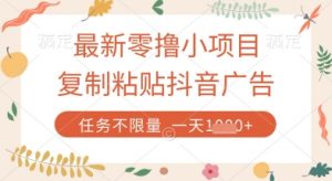 最新零撸小项目，复制粘贴抖音广告即可挣钱，平台大水，任务不限量，一天数张【揭秘】-优品网赚资源库