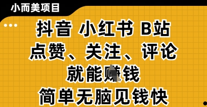 小而美的项目,抖音小红书B站视频点赞、关注、评论就能挣钱,简单无脑立见收益,妥妥的零撸项目【揭秘】-优品网赚资源库