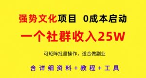 强势文化项目，一个社群收入25个W，0成本启动，可矩阵批量操作，原创详细实操教程-优品网赚资源库