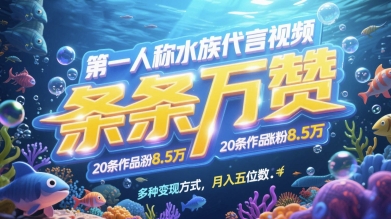 第一人称水族代言视频,条条万赞,20条作品涨粉7.8W,多种变现方式月入五位数-优品网赚资源库