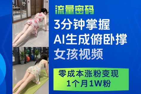3分钟掌握AI生成俯卧撑女孩视频,零成本涨粉变现,1个月1W粉-优品网赚资源库
