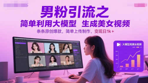 男粉引流之简单利用大模型生成美女视频，条条原创爆款，简单上传制作，变现日1k+-优品网赚资源库