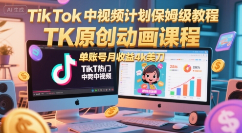 TikTok中视频计划保姆级教程,TK原创动画课程,单账号月收益4k美刀-优品网赚资源库