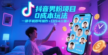 抖音男粉项目0成本玩法，一部手机即可操作，日均4张+，时间自由-优品网赚资源库