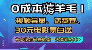 0成本薅羊毛!视频会员、话费卷、30元电影票白送，分享我如何靠转卖一天变现5张+【揭秘】-优品网赚资源库