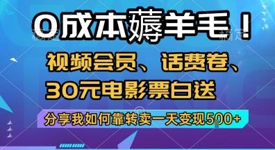 0成本薅羊毛!视频会员、话费卷、30元电影票白送,分享我如何靠转卖一天变现5张+【揭秘】-优品网赚资源库