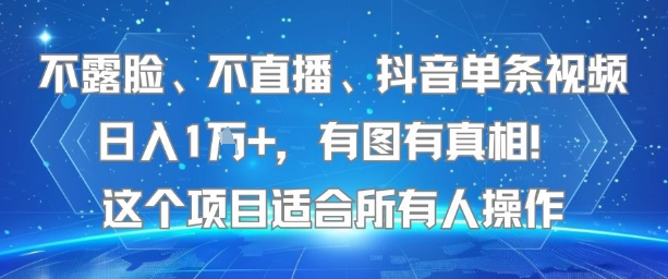 不露脸、不直播、抖音单条视频日入1W+，有图有真相！这个项目适合所有人操作-优品网赚资源库