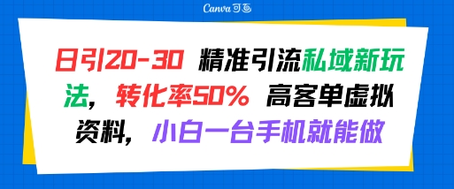 日引 20-30 精准引流私域新玩法，转化率50% 高客单虚拟资料，小白一台手机就能做-优品网赚资源库