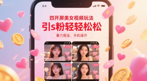 四开屏美女视频玩法，引s粉轻轻松松，暴力掘金，手机操作【揭秘】-优品网赚资源库