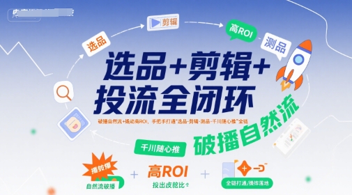 选品+剪辑+投流全闭环，破播自然流+撬动高ROI，手把手打通“选品-剪辑-测品-千川随心推”全链-优品网赚资源库