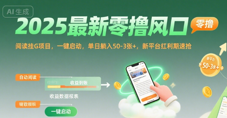 2025最新零撸风口,阅读挂G项目,一键启动,单日躺入 50-3张+,新平台红利期速抢【揭秘】-优品网赚资源库