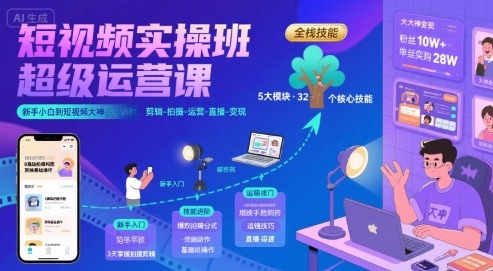 短视频实操班超级运营课，新手小白到短视频大神必修课程，剪辑-拍摄-运营-直播-变现-优品网赚资源库