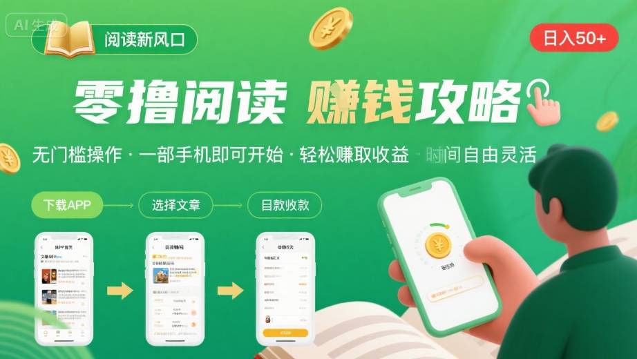 零撸阅读新风口,无门槛轻松挣,一部手机,日入 50-3张【揭秘】-优品网赚资源库