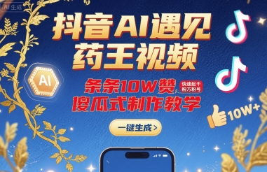 抖音AI遇见药王视频，条条10W赞，快速起千粉万粉号，傻瓜式制作教学-优品网赚资源库