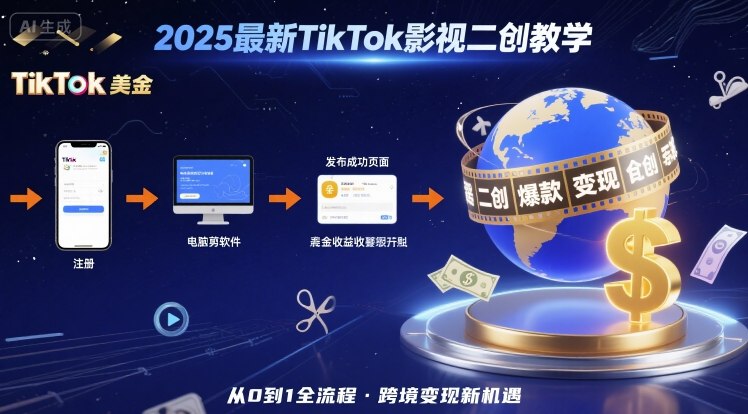 2025年最新TikTok影视二创教学，从注册到发布撸美金全流程，跨境变现新机遇-优品网赚资源库