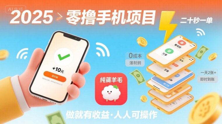 2025年零撸手机项目，二十秒一单，纯薅羊毛 一天2张+做就有【揭秘】-优品网赚资源库