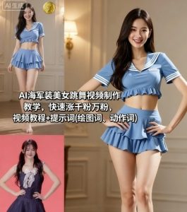 AI海军装美女跳舞视频制作教学,快速涨千粉万粉,视频教程+提示词(绘图词、动作词)-优品网赚资源库
