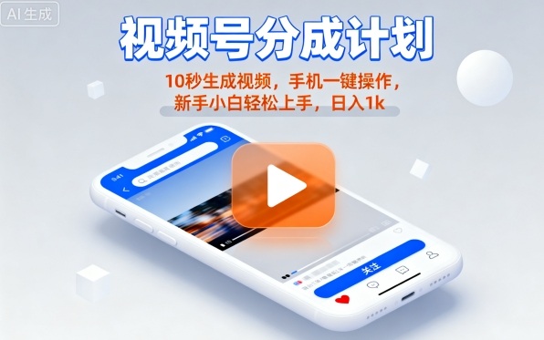 视频号分成计划懒人玩法,10秒生成视频,手机一键操作,新手小白轻松上手,日入1K【揭秘】-优品网赚资源库